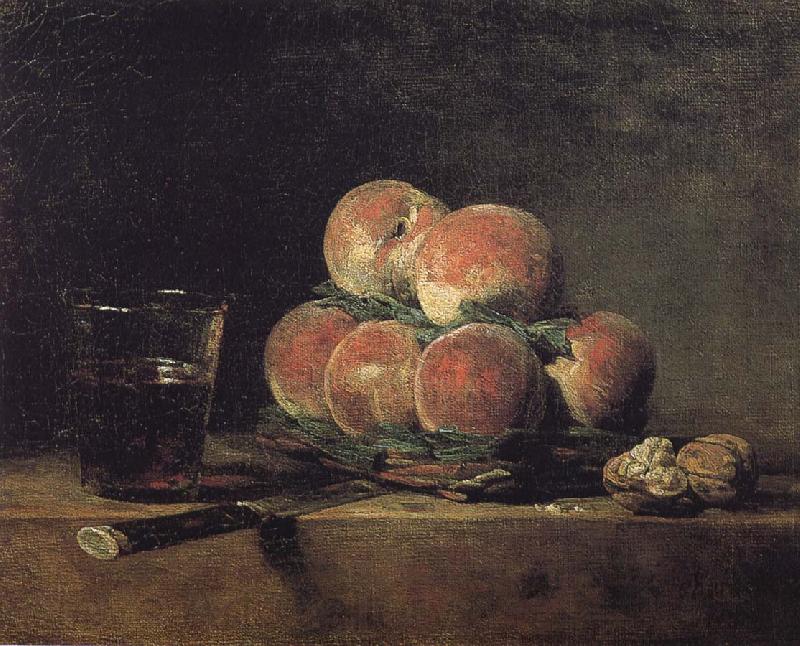 Jean Baptiste Simeon Chardin Baskets of peaches with wine walnut knife Norge oil painting art